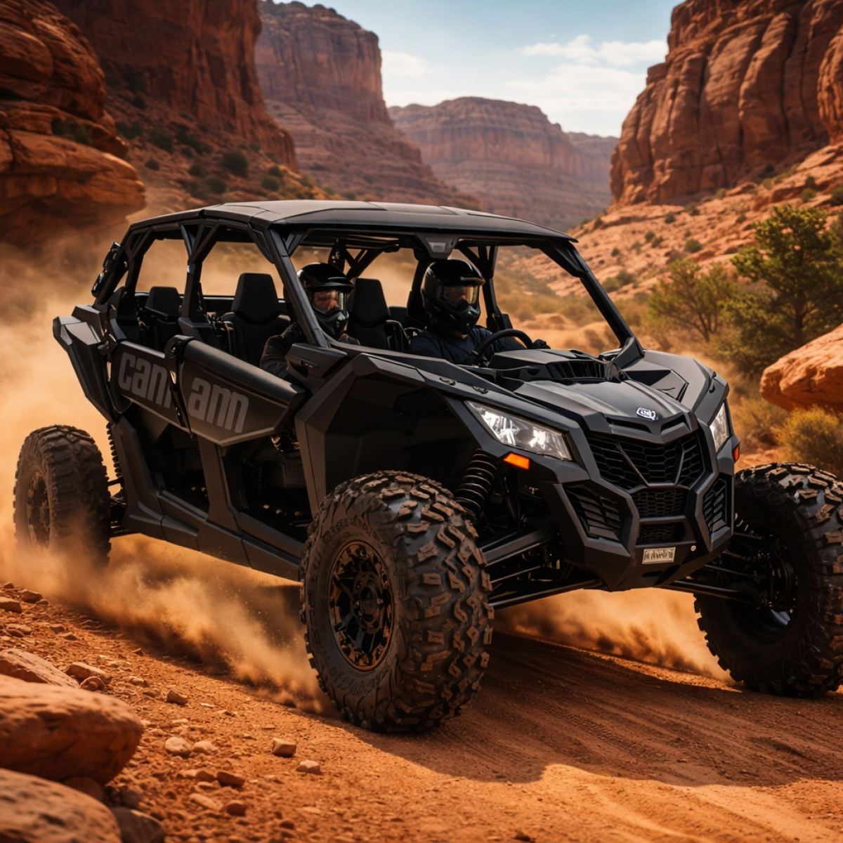 Off-road vehicle driving through a rocky desert canyon, creating dust clouds.