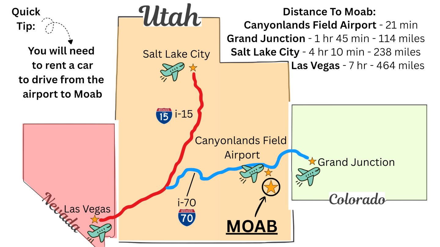 Map of Utah showing driving routes to Moab from various airports with driving distances and times.